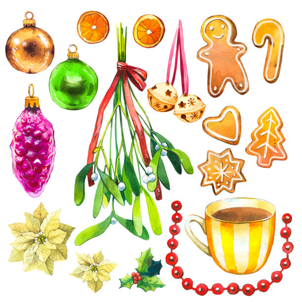 illustrations, cliparts, dessins animés et icônes de illustration aquarelle de noël dans un style pittoresque. ensemble de vacances avec ruban, poinsettia, bell, orange, holly, coupe, chapeau, perles, cookies, boule, branche, gui, gingembre. décoration de la nouvelle année. - bell christmas holly drawing