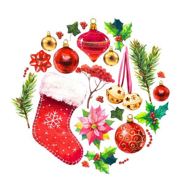 illustrations, cliparts, dessins animés et icônes de illustration du noël cercle aquarelle dans un style pittoresque. ensemble de vacances avec ruban, chaussette, poinsettia, bell, holly, épinette, coupe, perles, billes. décoration de la nouvelle année. - bell christmas holly drawing