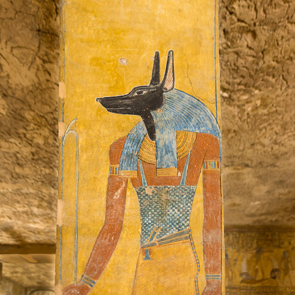 The egyptian god Anubis was a protector of graves and an embalmer. KV 14 tomb of Tausert and Setnakht, Egypt, October 21, 2018