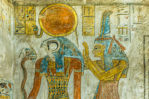 Paintings of the egyptian god Ra and Maat in KV 14, the tomb of Tausert and Setnakht in the valley of the kings, Luxor, Egypt, October 21, 2018