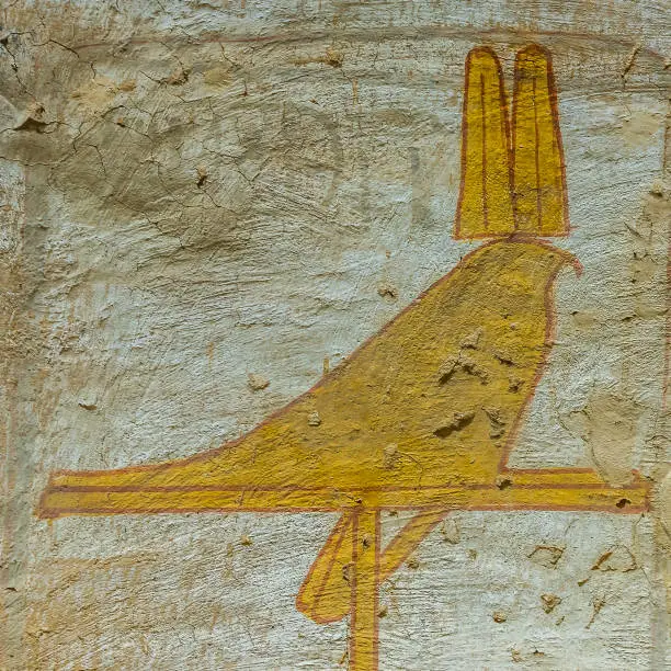 The falcon of Horus, a wall-painting in the valley of the kings, KV 14 tomb of Seti II, Luxor, Egypt, Ocktober 21, 2018