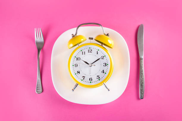 istock Retro alarm clock on plate with fork and knife. Chrono diet concept 1075698166