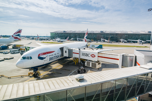 September 24, 2017 London/UK - British Airways aircraft docked at Terminal 5, Heathrow Airport