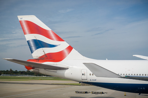 September 24, 2017 London/UK - British airways logo on the tail of an aircraft getting ready to take flight from Terminal 5, Heathrow