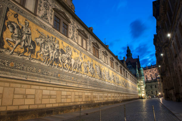 Night view of Furstenzug, famous porcelain mural,  in Dresden, Germany