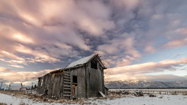 istock Farm barn in winter with morning colored clouds over it 1075707966