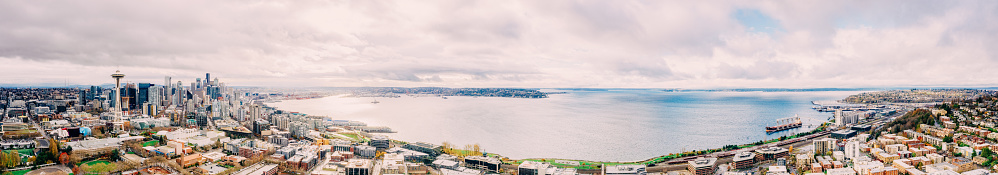 Panoramic aerial view of the skyline of the city of Seattle, WA and Elliott Bay.