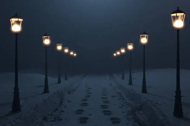 3d rendering of countryside road with snow trails and lantern row at night