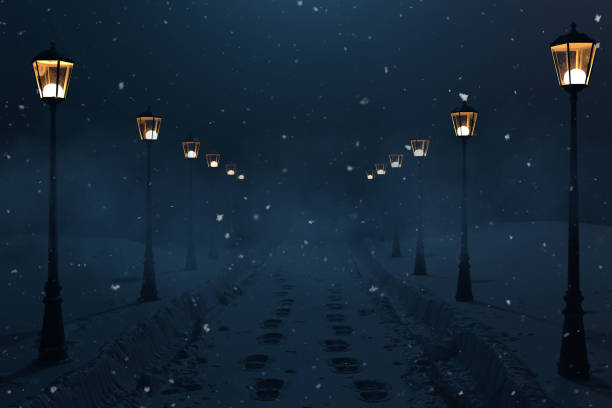 3d-rendering landschaft straße mit schnee spuren und laterne zeile in der nacht - winter cold footpath footprint stock-fotos und bilder