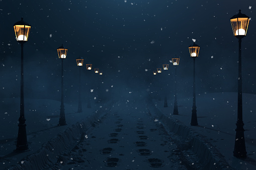 3d rendering of countryside road with snow trails and lantern row at night
