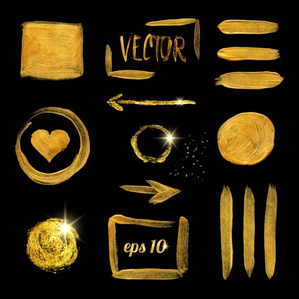 istock Gold brush strokes and stains set isolated on black background. Luxury style golden foil vector design elements for banner design 1075723322