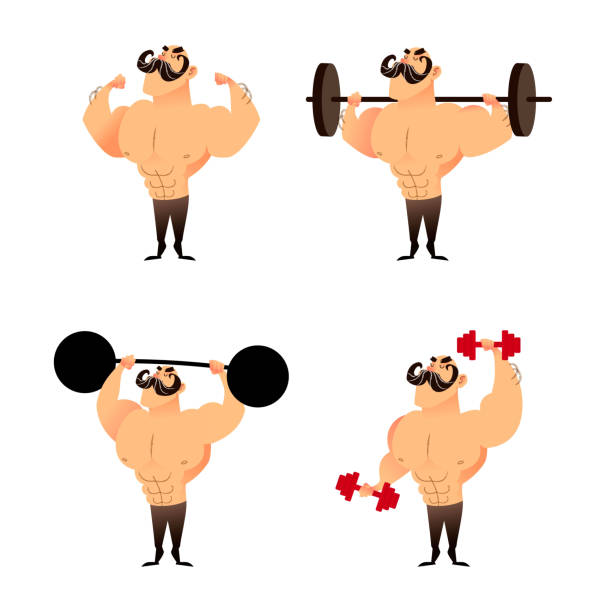 Strong muscular athletic bodybuilders set. Cartoon characters Cartoon strong muscular bodybuilders set. Funny athletic guys. Healthy lifestyle concept. Blutal male characters with naked torso shows muscular arms with biceps and triceps, working out with dumbbell weights at the gym. weightlifting stock illustrations