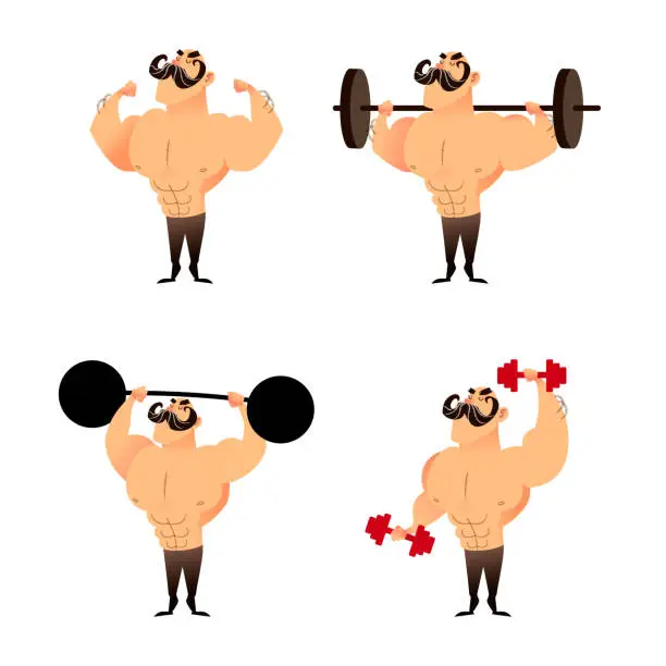 Vector illustration of Strong muscular athletic bodybuilders set. Cartoon characters