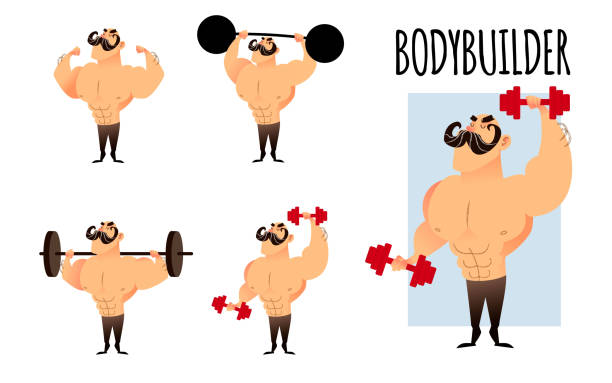 ilustrações, clipart, desenhos animados e ícones de conjunto de fisiculturistas atlético muscular forte. personagens de desenhos animados - steroids body building beauty healthy lifestyle