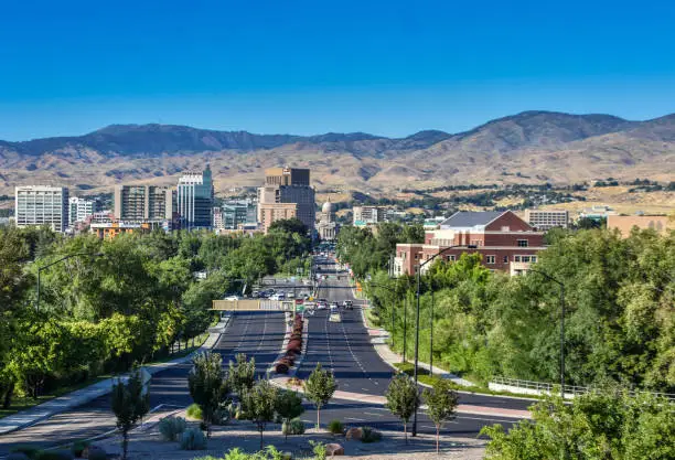 Downtown Boise viewed down Capitol Blvd from the 1925 train station with foothills in background