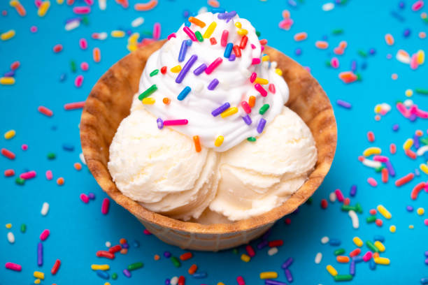 istock Vanilla Ice Cream in a Waffle Cone Bowl on a Blue Background 1075750792