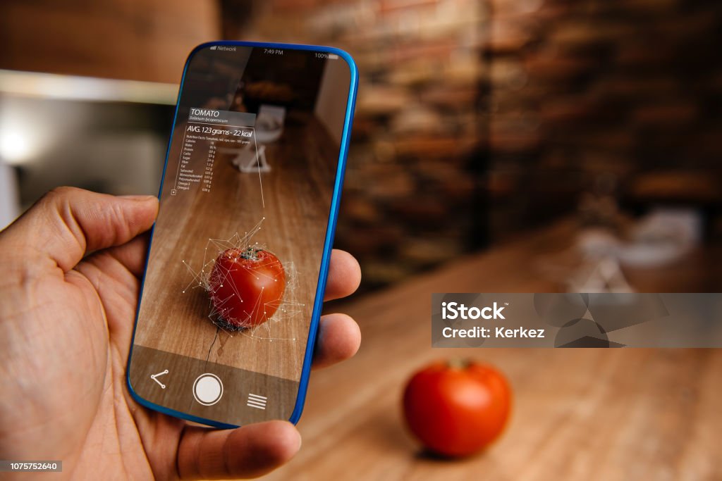 Augmented reality application using artificial intelligence for recognizing food Men using artificial intelligence on smart phone with augmented reality application for recognizing food Augmented Reality Stock Photo