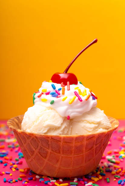 istock Vanilla Ice Cream in a Waffle Cone Bowl wiht a Cherry on Top 1075753284