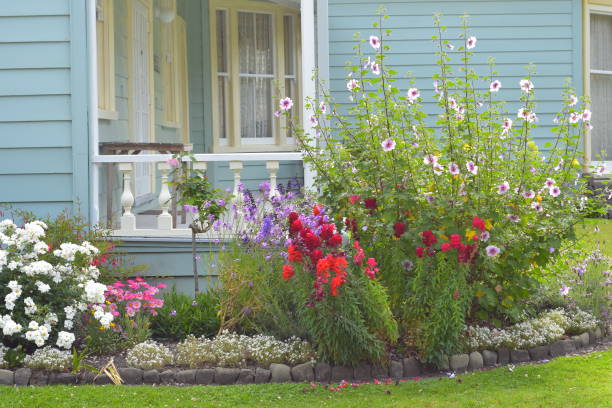 istock Flowers on front of wooden villa 1075762776