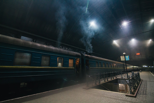 Night train at station in Lviv, Ukraine