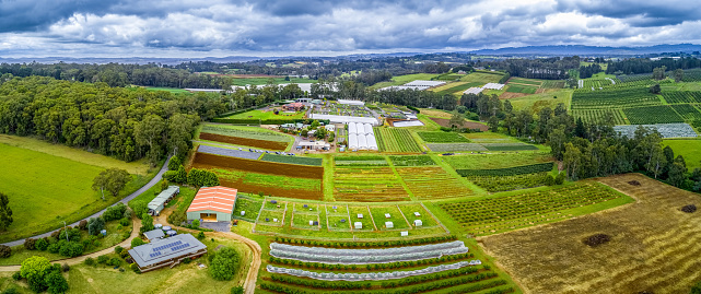 Aerial panorama of agricultural fields and countryside in Wandin East, Melbourne, Australia