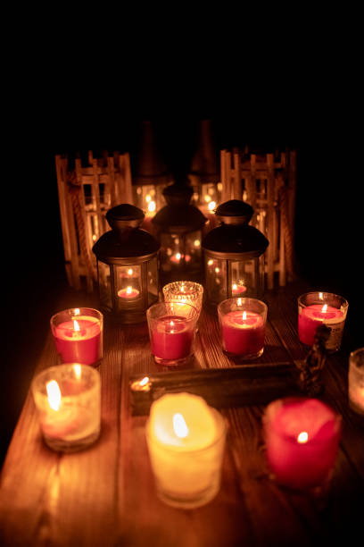 istock Mix candles, lanterns and incense on rustic wood 1075791350