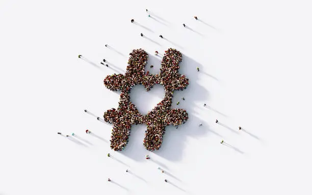 Human crowd forming a big hashtag and heart symbol on white background. Horizontal composition with copy space. Clipping path is included. Valentine's Day and social media concept.