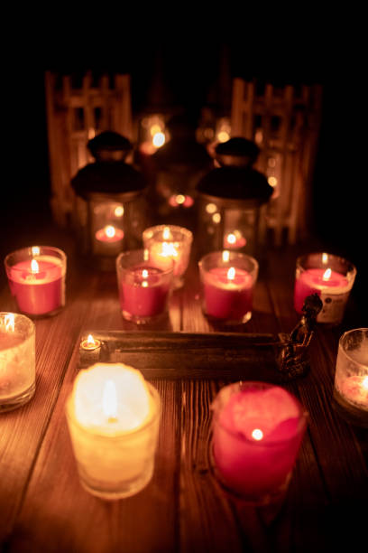 istock Mix candles, lanterns and incense on rustic wood 1075794466