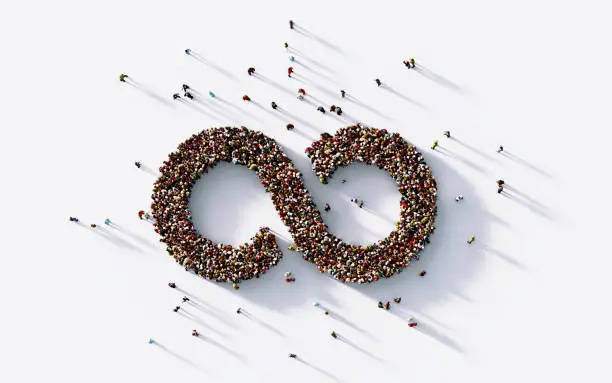 Human crowd forming a big infinity symbol on white background. Horizontal composition with copy space. Clipping path is included.