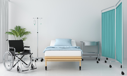 Sala de hospital con cama y mesa, 3D rendering photo