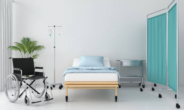 Hospital room with bed and table, 3D rendering Hospital room interior with bed and table, 3D rendering hospital room stock pictures, royalty-free photos & images