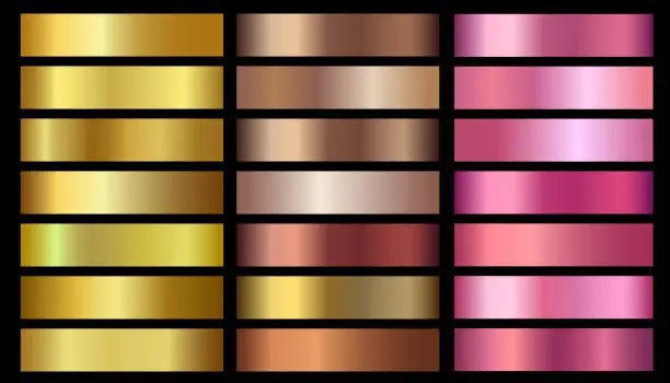 Vector illustration of Gold, bronze, rose gold metallic foil texture vector gradients set.