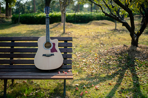 guitar on park bench