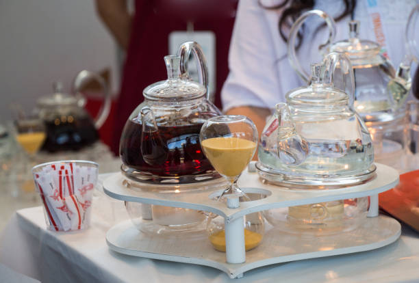 Herbal tea in a glass teapot on display
