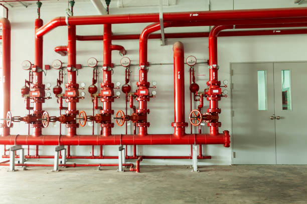 istock Red water pipe valve,pipe for water piping system control and Fire control system in industrial building or business building 1075858856