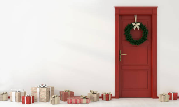 istock Festive interior with red door and gifts 1075870168