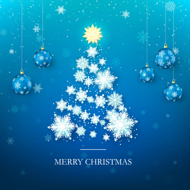 istock Christmas Tree Greeting Card. New Year Tree Silhouette from Paper Snowflakes and  Blue Christmas Balls on background. Happy New Year and Merry Christmas. Abstract Holiday Illustration. Vector 1075877378