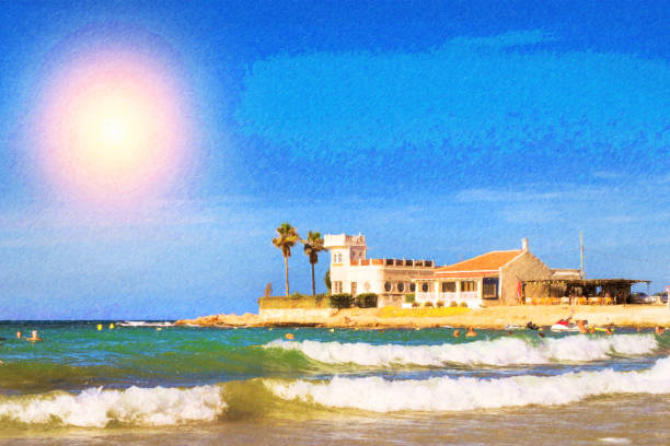 Sunny Mediterranean beach, Tourists relax on warm shore of sea on loungers under parasols. People bathe in crystal clear salty water of sea, Paseo Juan Aparicio, Torrevieja, Valencia, Spain