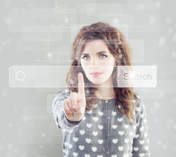 istock Beautiful woman touching empty address bar on virtual display 1075881382