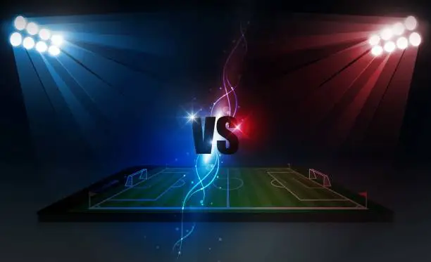 Vector illustration of Soccer Arena field with bright stadium lights.  Sport Football Academy club match vs strategy broadcast graphic template. Vector illumination