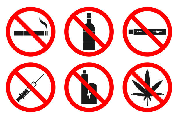 zakaz palenia, brak vapingu, brak konopi, brak narkotyków, brak alkoholu. wektor - narcotic medicine symbol marijuana stock illustrations