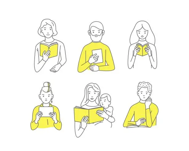 Vector illustration of People read, students with books, different people, vector doodle design