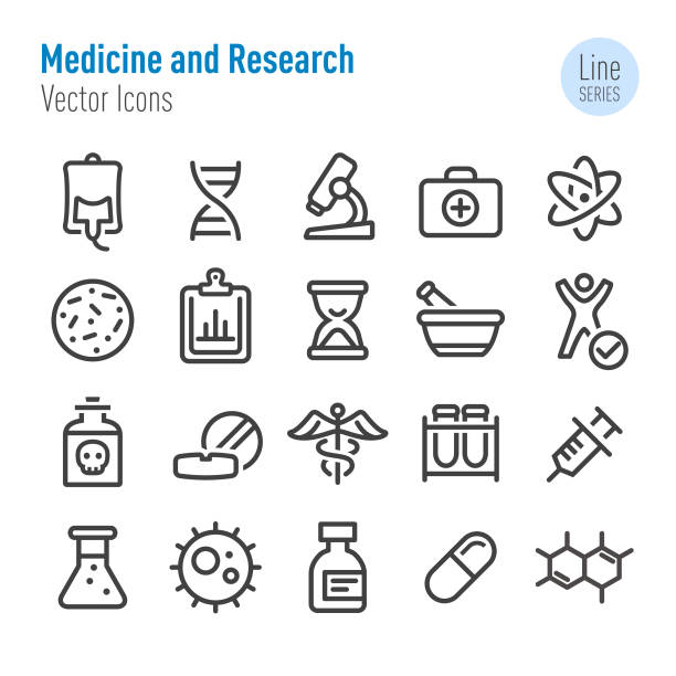 ikony medycyny i badań - seria liniowa - beaker flask laboratory glassware research stock illustrations