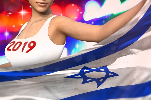 young girl is holding Israel flag in front of her on the  party lights - Christmas and 2019 New Year flag concept 3d illustration
