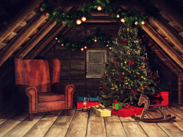 Old wooden attic with an armchair, Christmas tree, rocking horse, presents and ornaments. 3D render.