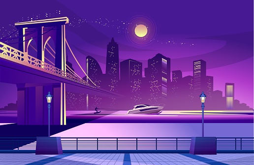 vector horizontal illustration of night city, embankment view of the silhouette of the city in illuminated with lights in ultraviolet color