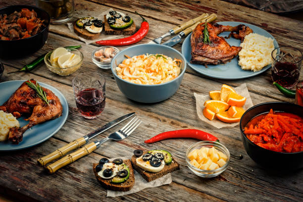 istock American cuisine, Dinner table, Roast chicken, stewed mushrooms 1075915518