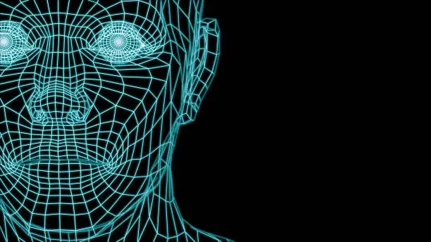 3d rendering of a wireframe face of a man with a dark background.