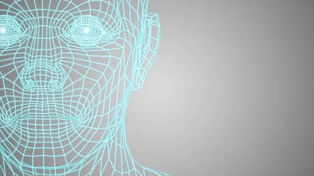 3d rendering of a wireframe face of a man with a light background.