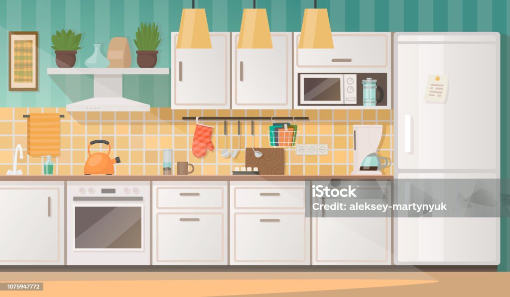 Interior de uma cozinha aconchegante, com móveis e eletrodomésticos. Ilustração vetorial - Vetor de Cozinha royalty-free